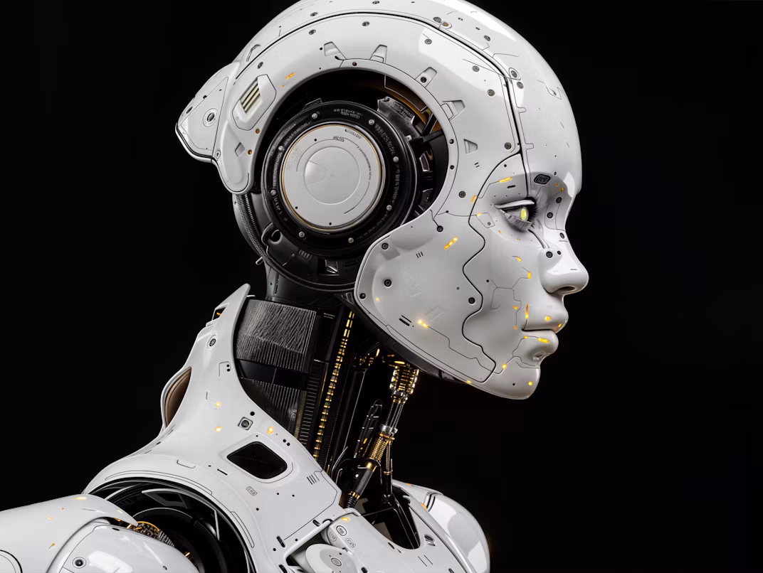 White AI robot in profile against a black background